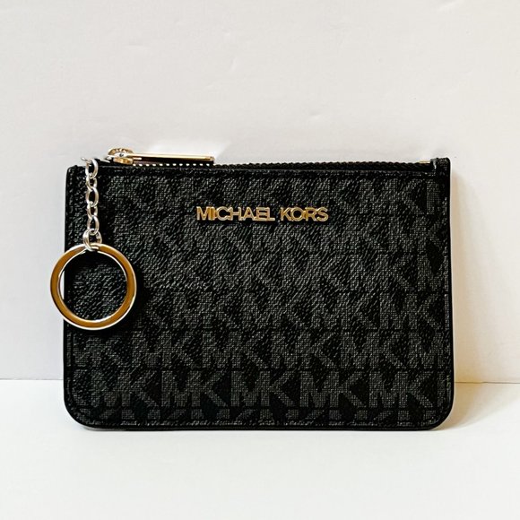 Michael Kors Jet Set Travel S Coin Pouch ID Key Holder Wallet MK Black/Silver - Picture 1 of 7